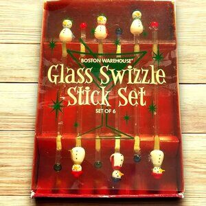 Glass Swizzle Sticks Set-6 Frosty Snowman Holiday's Barware Collection Boston